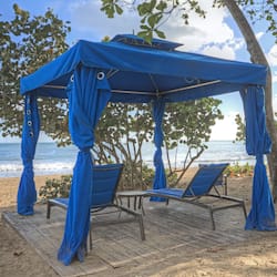 On the beach, beach cabanas, sun-loungers, beach umbrellas