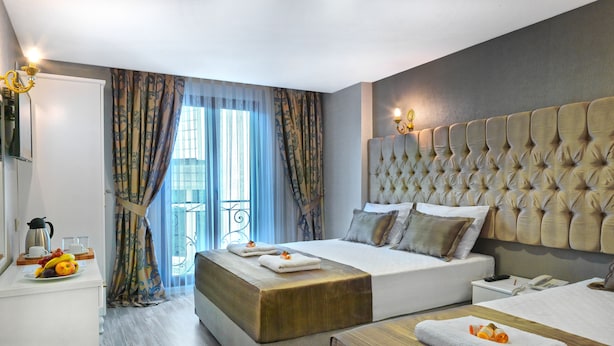 A hotel room with a large bed, a bedside table with a phone and remote, a bedside table with fruit and a coffee maker, and a view of the outside through a window with curtains. - Grand Pamir Hotel (Istanbul)