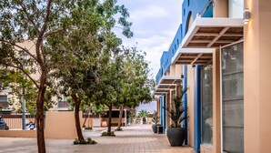 A tree-lined walkway with a modern building featuring large windows and a blue and beige color scheme. - Almog Eilat (Eilat)