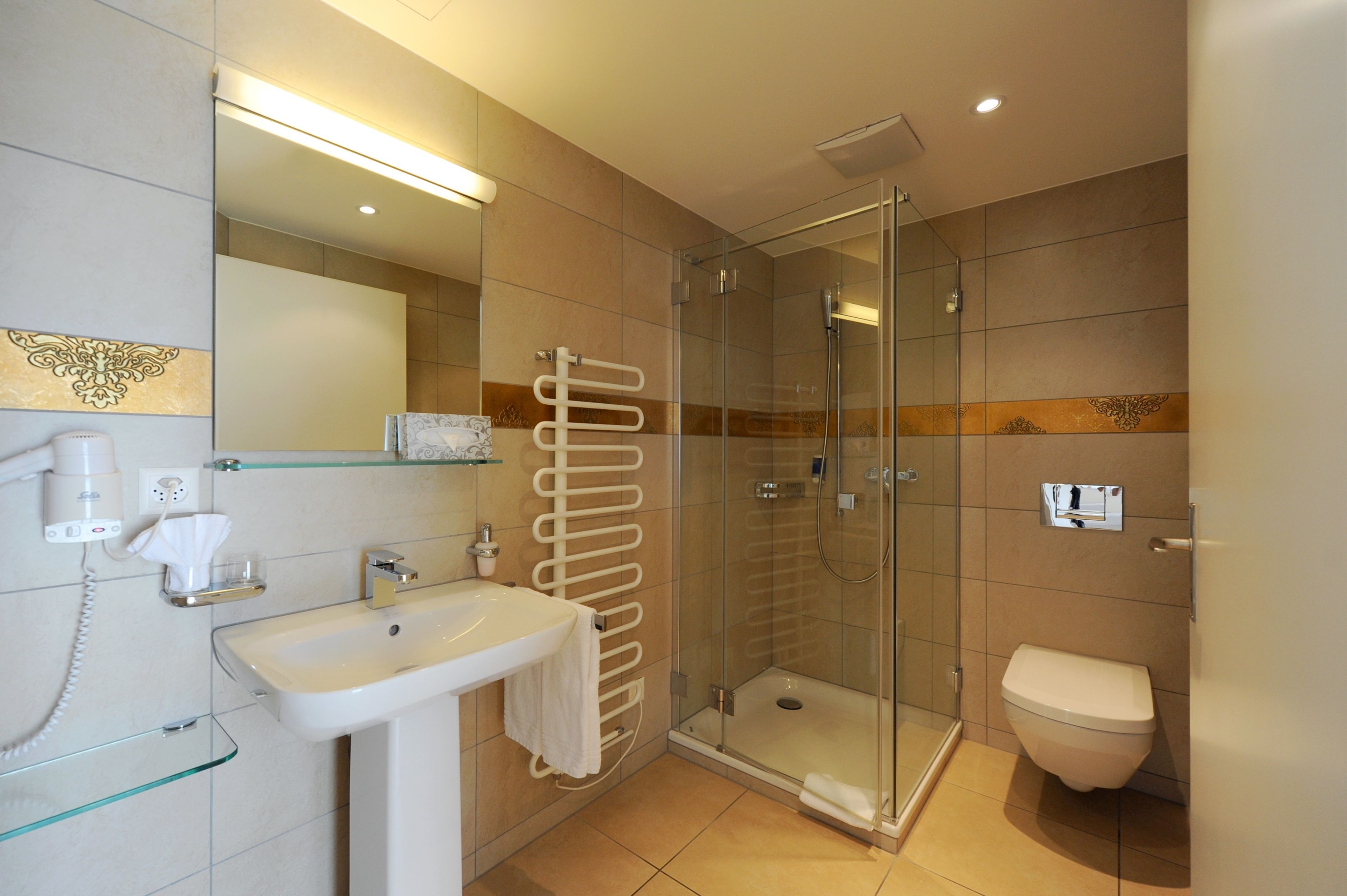 A modern bathroom with a glass shower enclosure, a white sink, and a toilet.