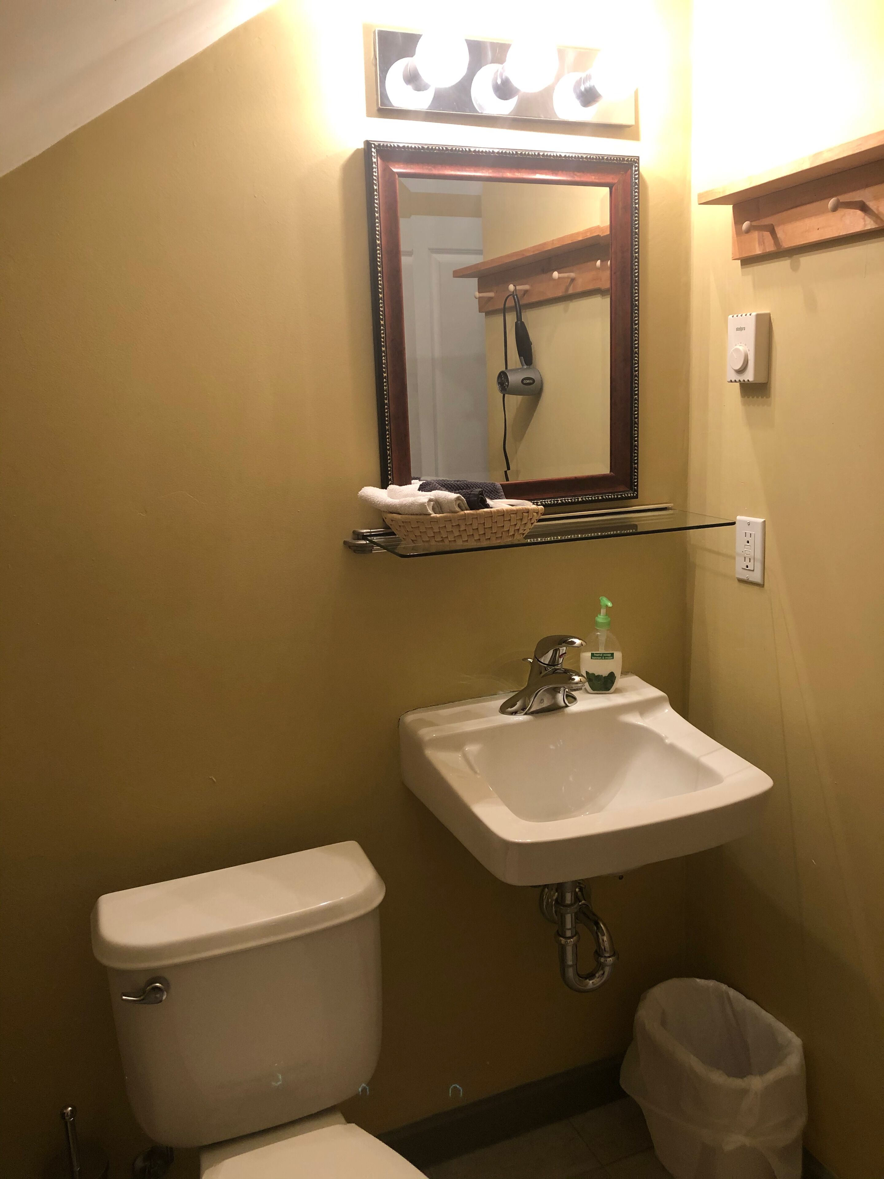 Une salle de bain équipée de toilettes, d’un lavabo, d’un miroir et d’un sèche-cheveux fixé au mur.