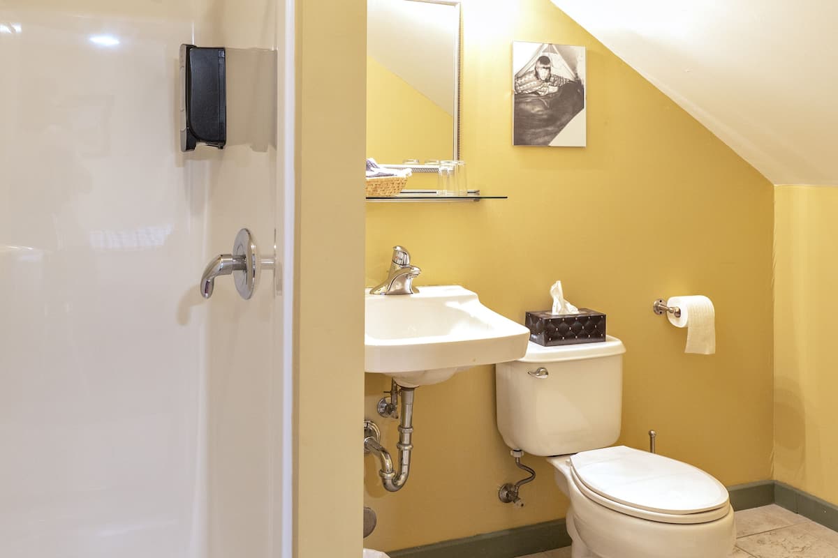 Une salle de bain avec des toilettes, un lavabo et une douche.