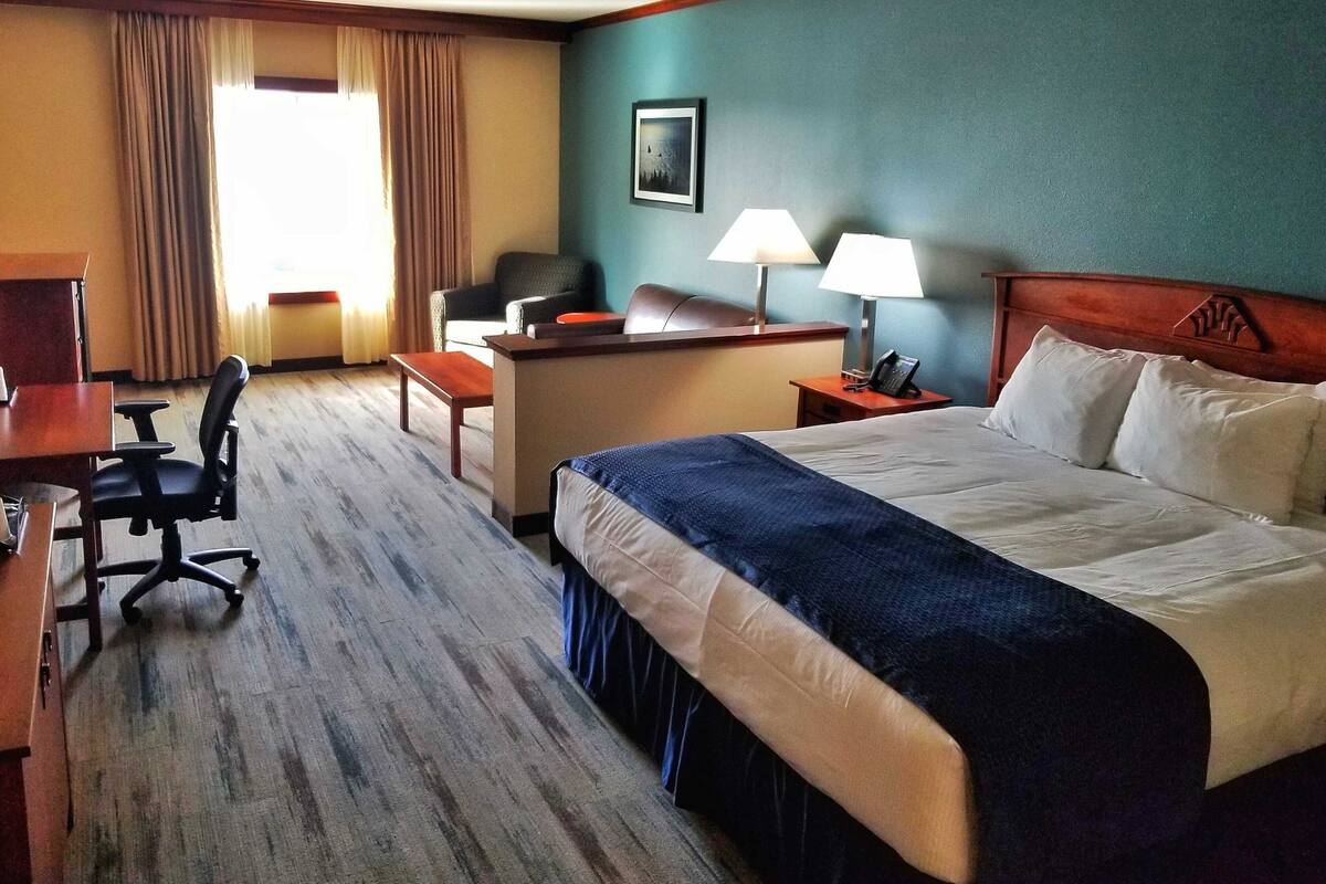 Una habitación de hotel con cama, escritorio, silla y ventana con cortinas.