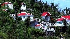 A cluster of houses with red roofs, surrounded by dense greenery and trees. - El Momo Cottages (Windward Side)