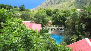 A lush green landscape with a pool, a red-roofed building, and a view of the ocean. - El Momo Cottages (Windward Side)