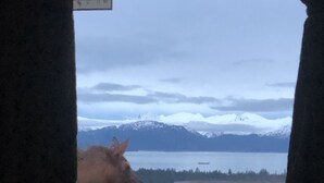 A room with a large window, a chair, and a view of mountains and a lake. - Homer Stay and Play (Homer)