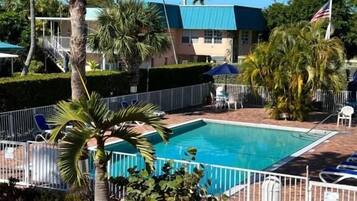 A swimming pool with a fenced area, palm trees, and a building with a green roof in the background.
