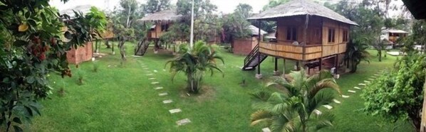 A lush garden with a wooden structure featuring a staircase leading to a deck.