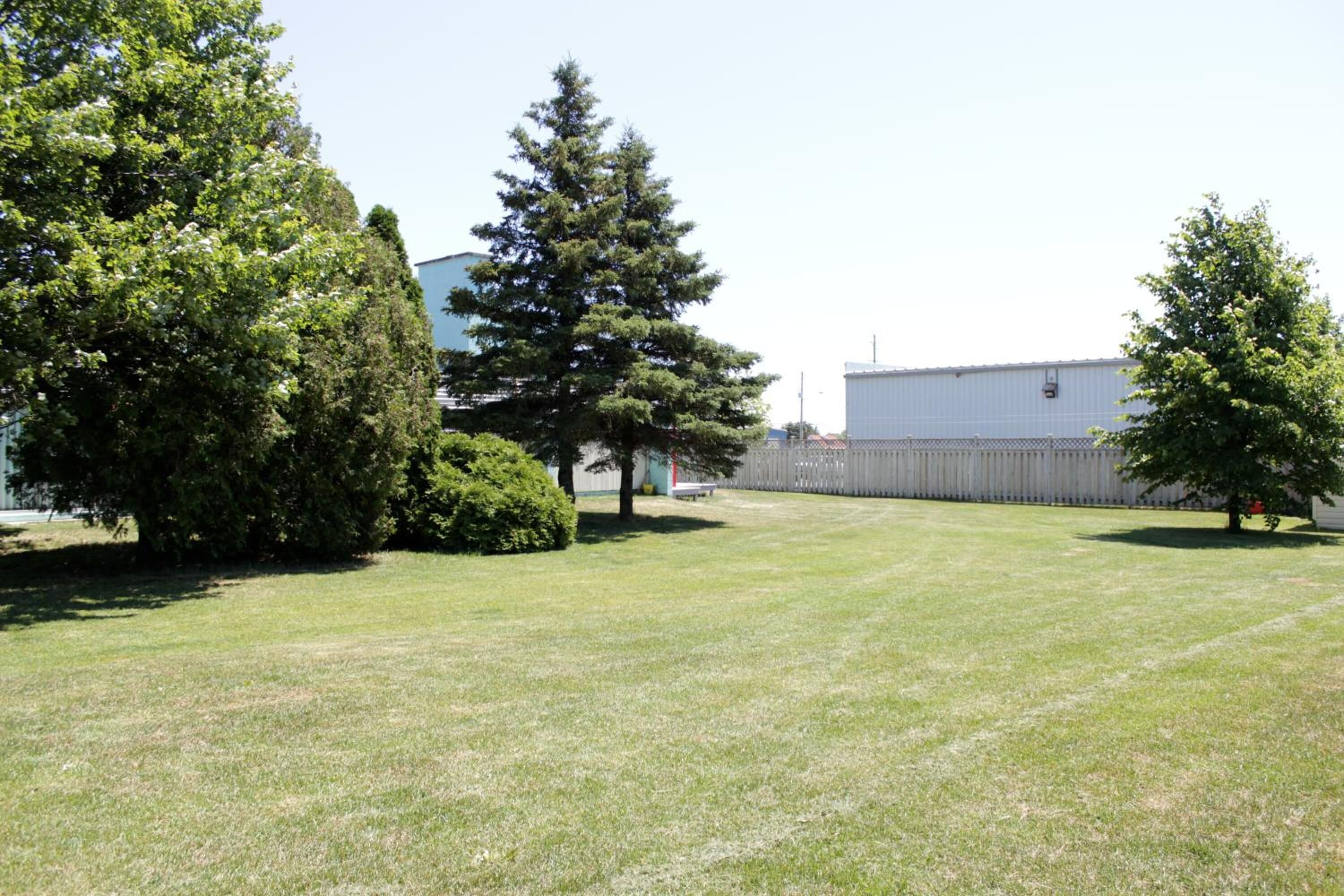 Une cour verdoyante avec des arbres et un bâtiment en arrière-plan.