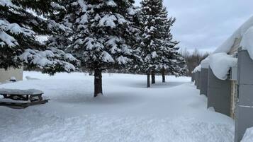 A snow-covered outdoor area with a picnic table and snow-laden trees.