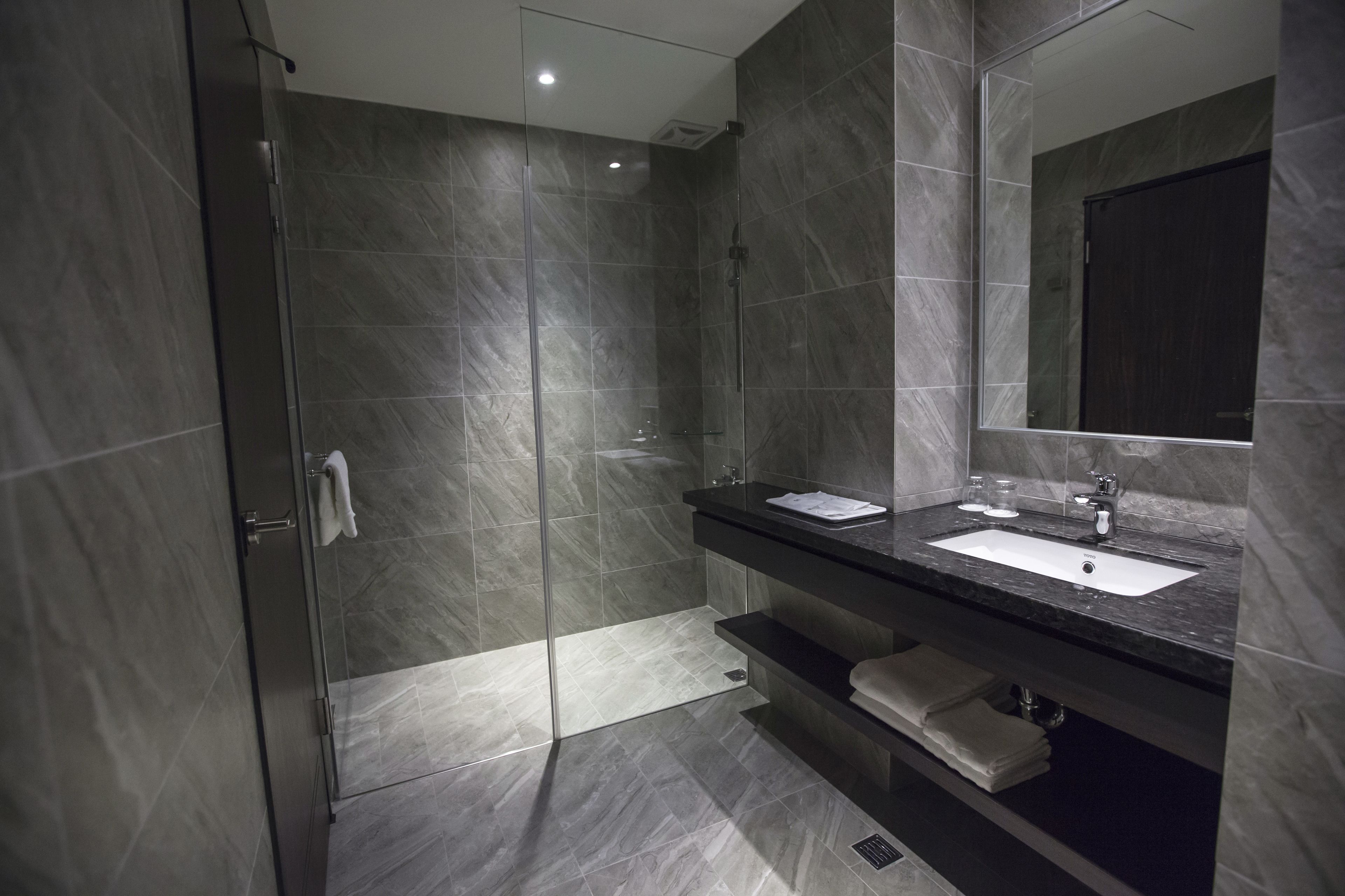 Un baño moderno con ducha acristalada, encimera de mármol oscuro y un espejo grande.