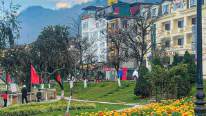 A hotel with a view of mountains, a garden with orange flowers, and a red flag. - Sapa Lake View Hotel (Sa Pa)
