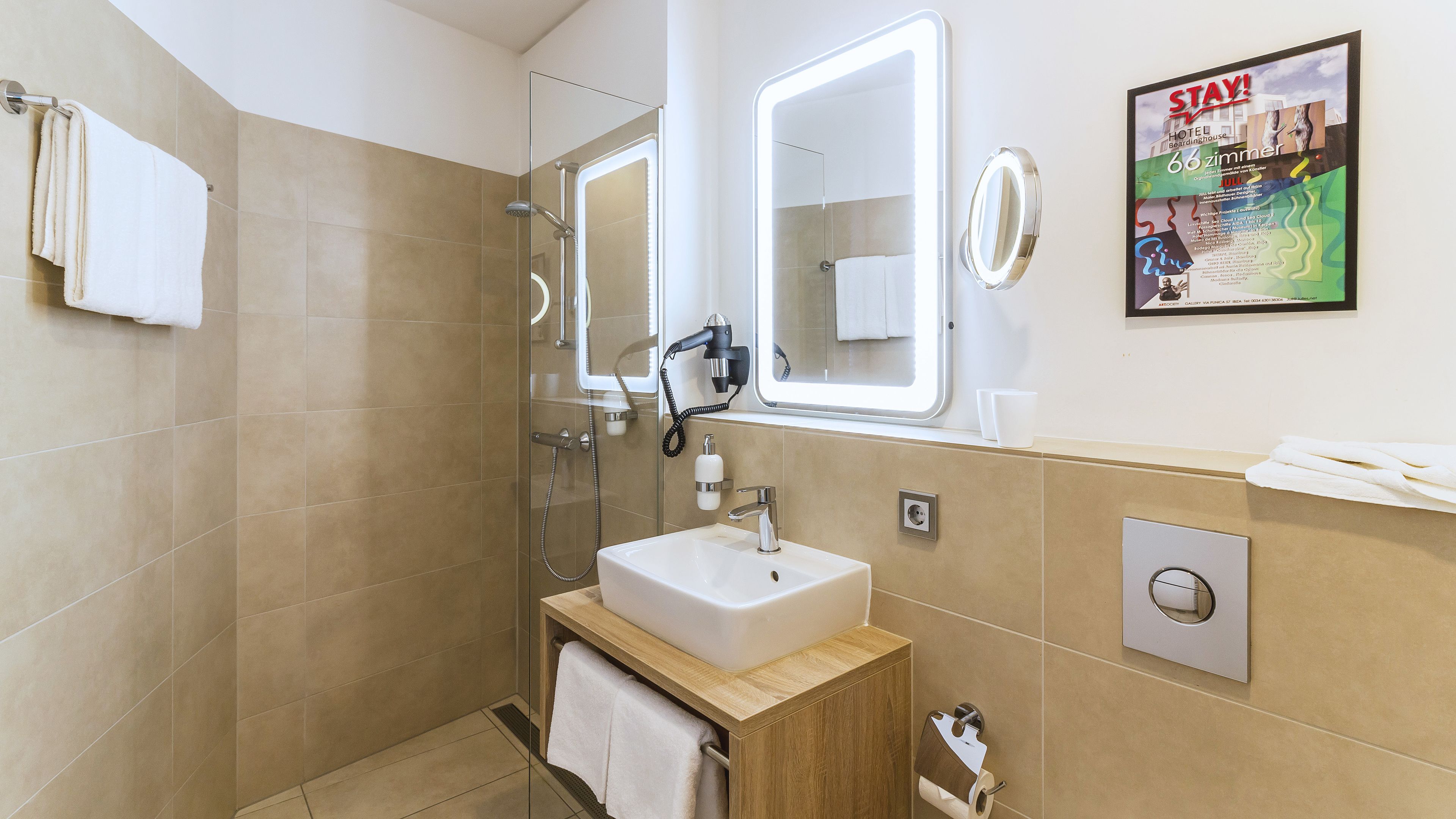 shower, free toiletries, hair dryer, towels