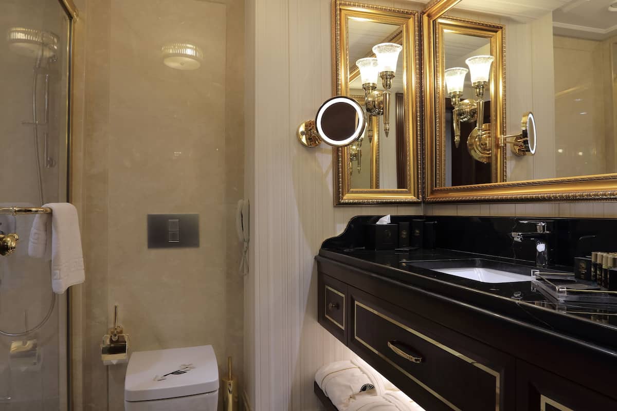 deluxe room | bathroom | shower, designer toiletries, hair dryer, bathrobes