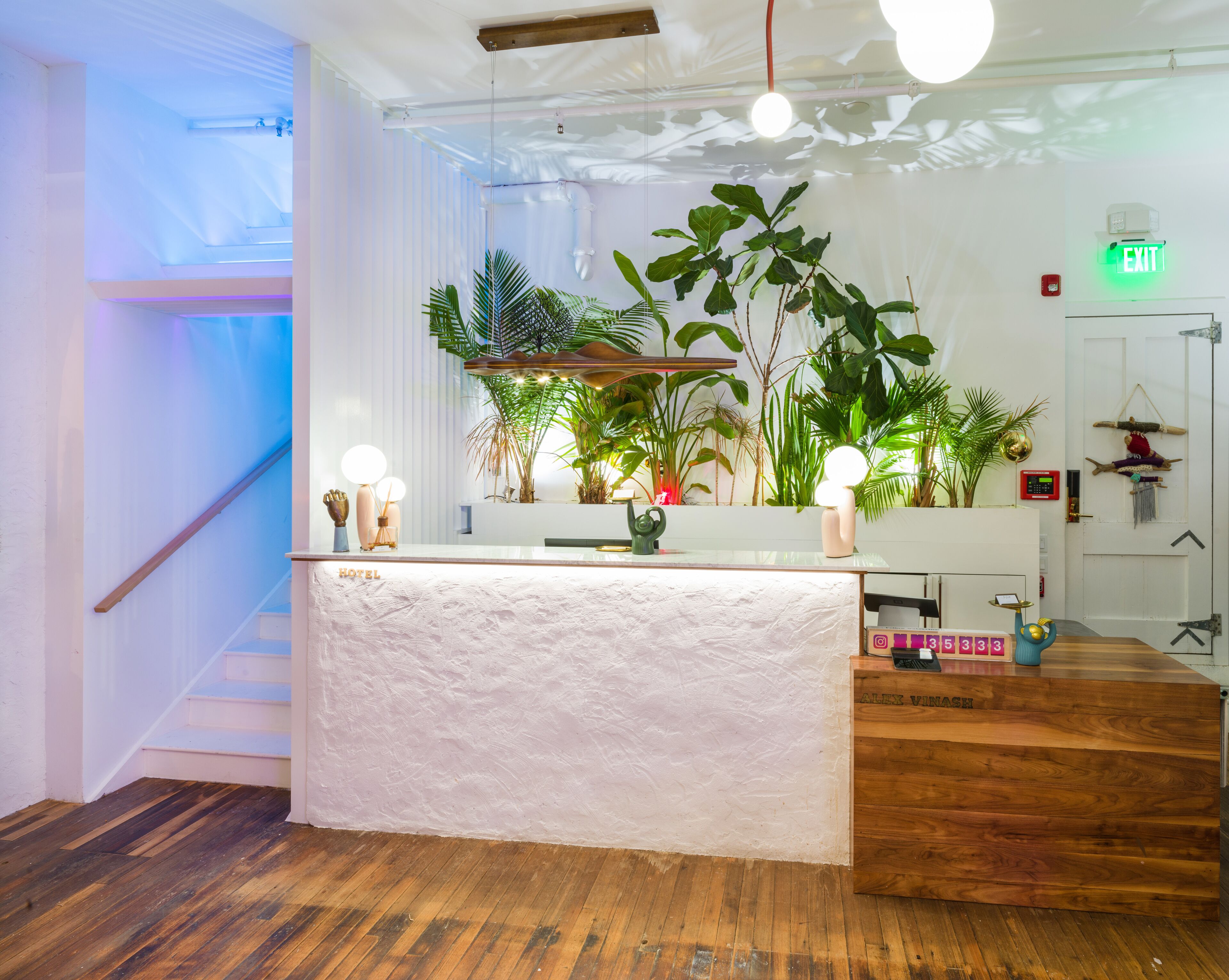 A hotel reception desk with a wooden counter, a staircase to the left, and a variety of plants in the background.