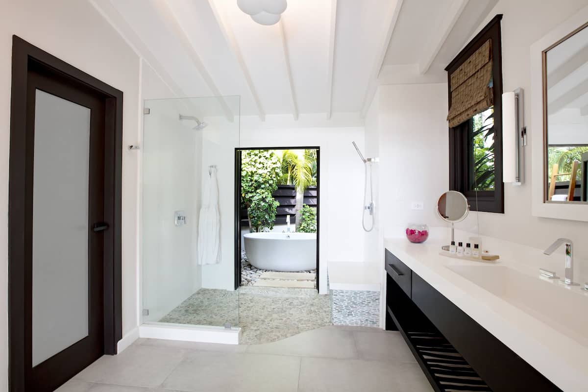 villa one | bathroom amenities | free toiletries, hair dryer, bathrobes, slippers