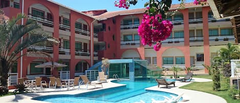 Outdoor pool, open 9:00 AM to 9:00 PM, pool umbrellas, sun loungers