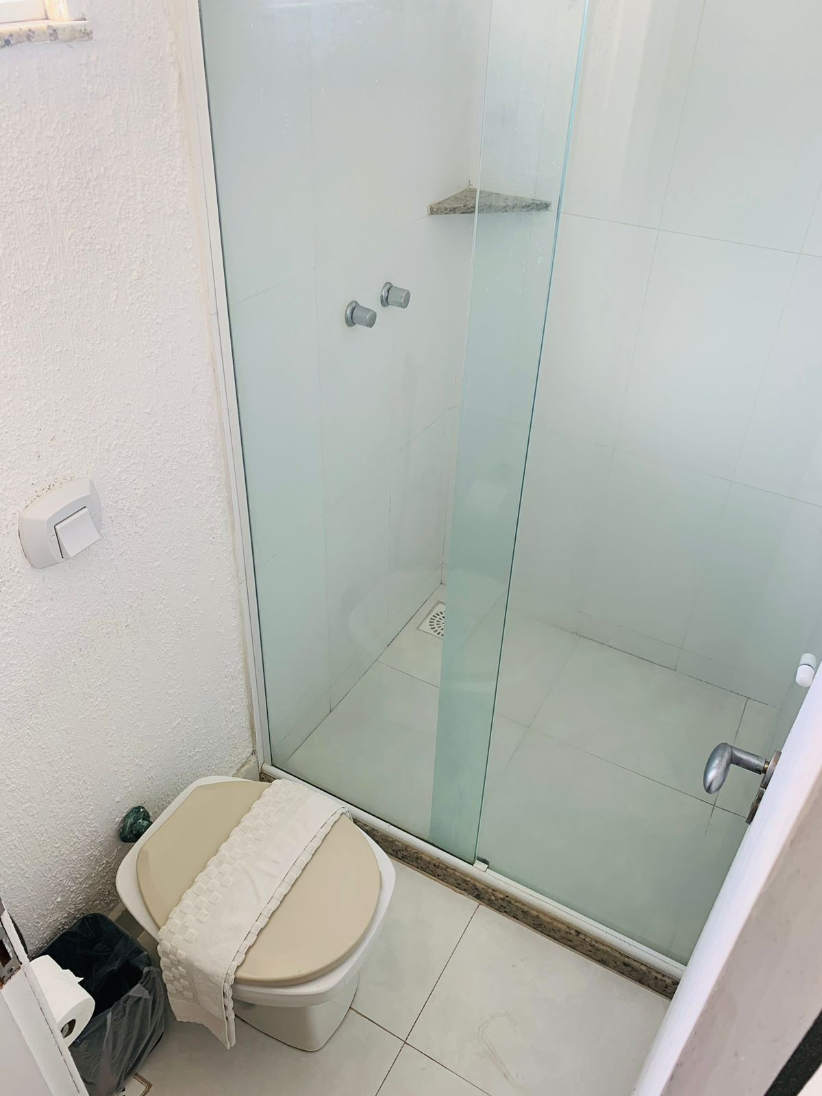 A small bathroom with a glass shower enclosure, a toilet, and a trash bin.
