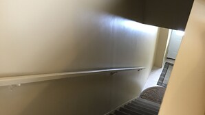 A staircase with a handrail, carpeted steps, and a door at the bottom. - Bond Guest House (St. John's)