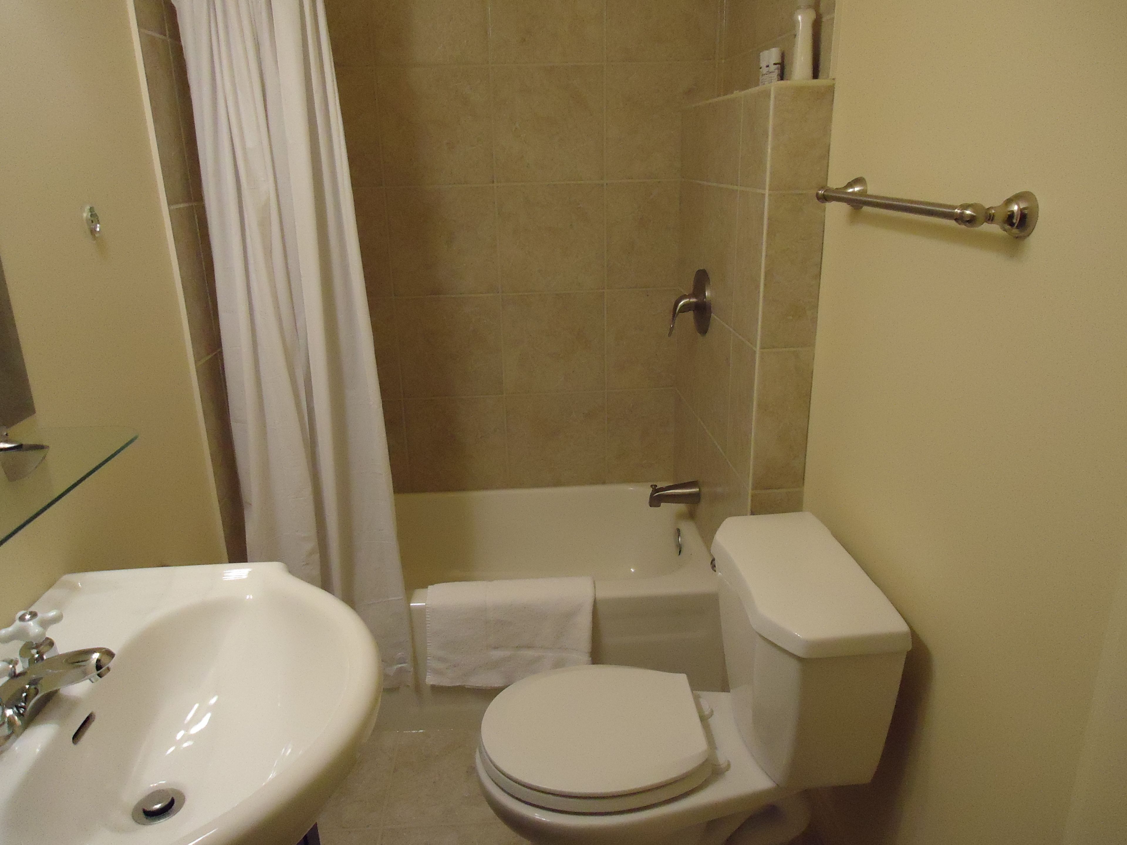 A bathroom with a sink, toilet, bathtub, and shower curtain.