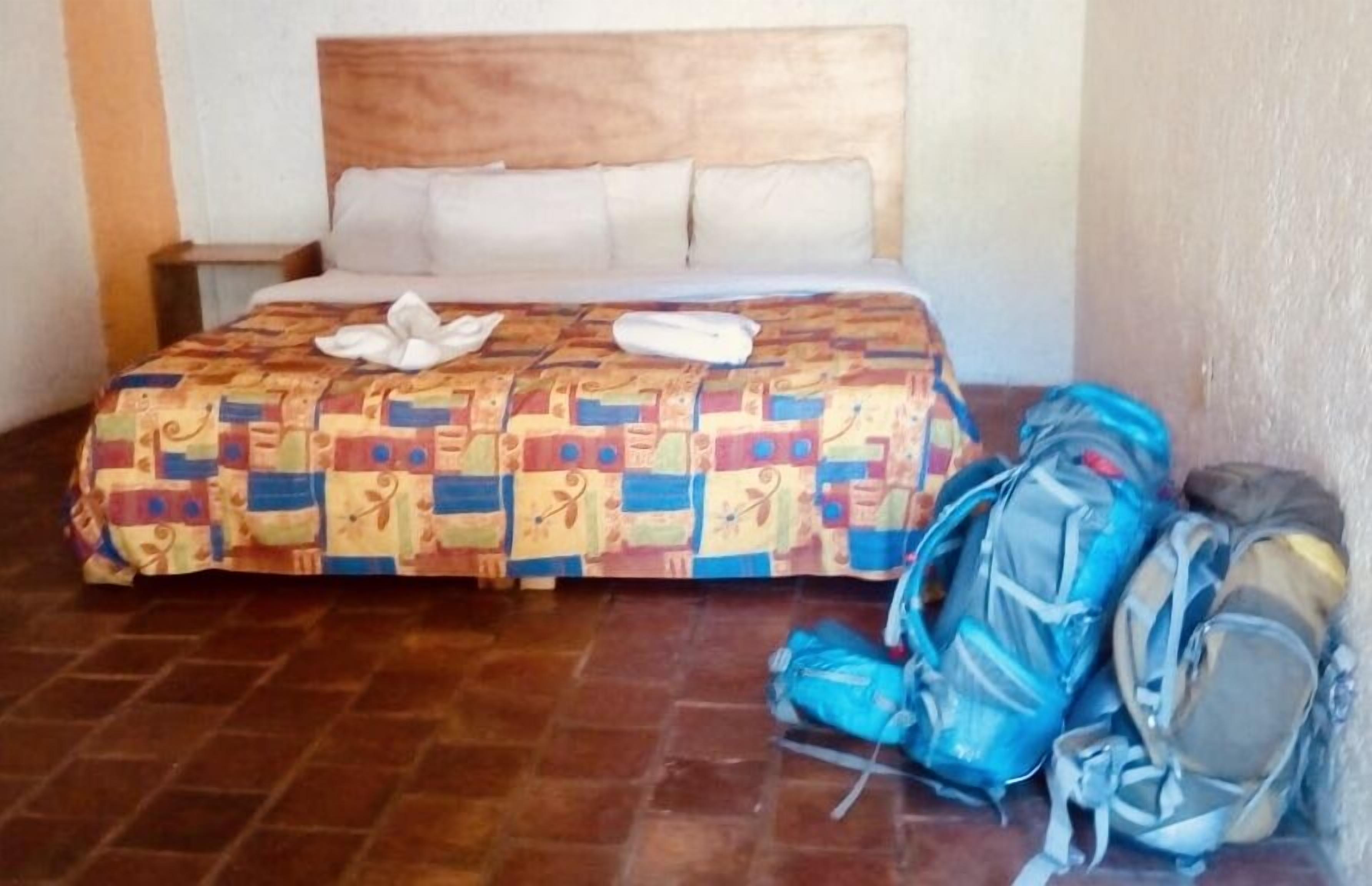 Une chambre avec une couvre-lit à motifs, une tête de lit en bois et un sac à dos bleu posé sur le sol.