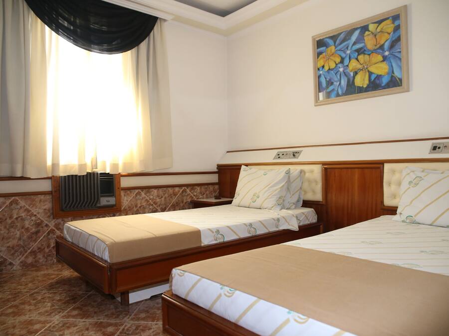 Une chambre d’hôtel avec deux lits, un radiateur, une fenêtre avec des rideaux et un tableau au mur.