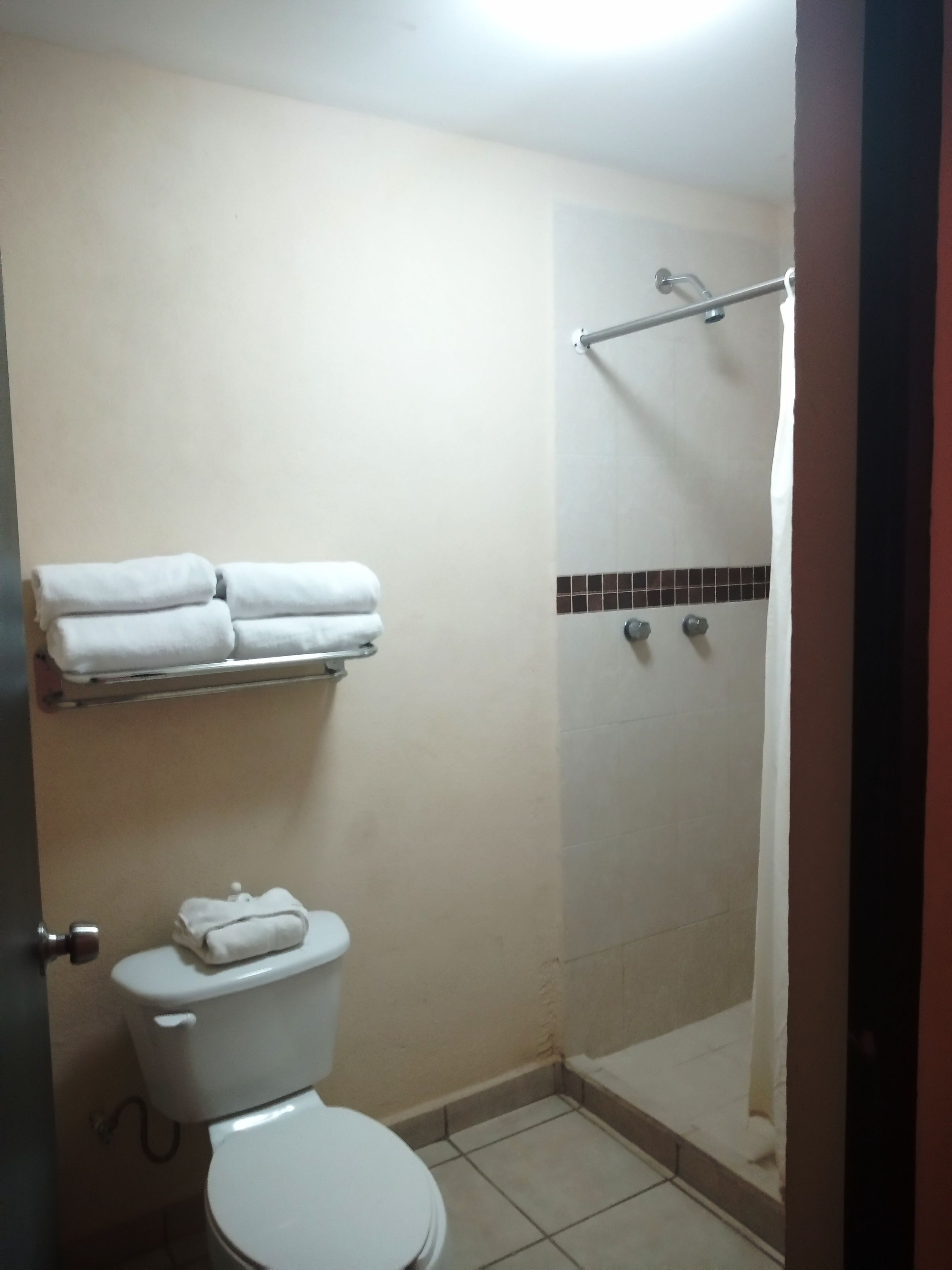 A bathroom with a toilet, a shower, and a towel rack with towels.