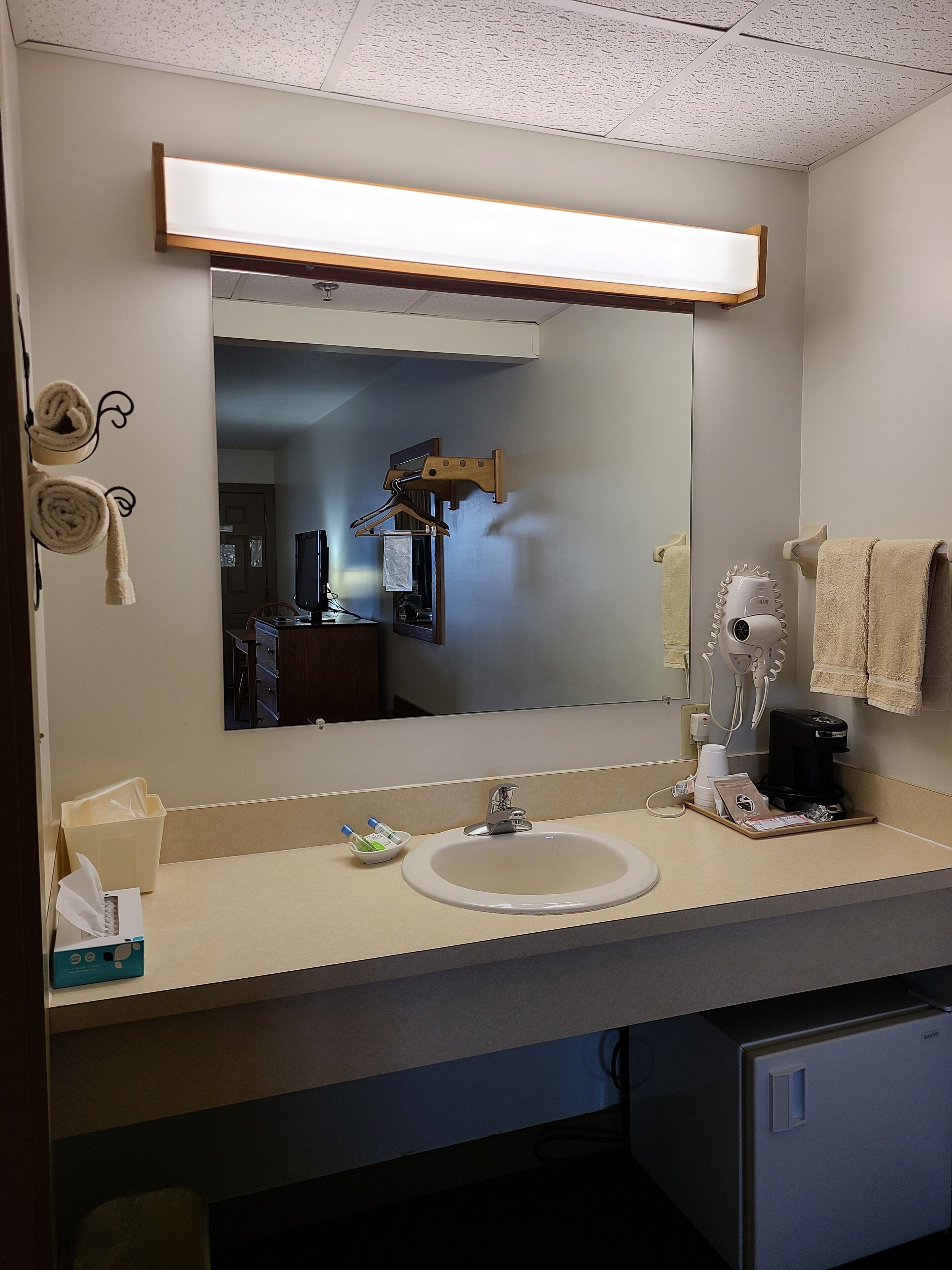 A hotel bathroom with a large mirror, a sink, a towel rack, a hairdryer, and a coffee maker.