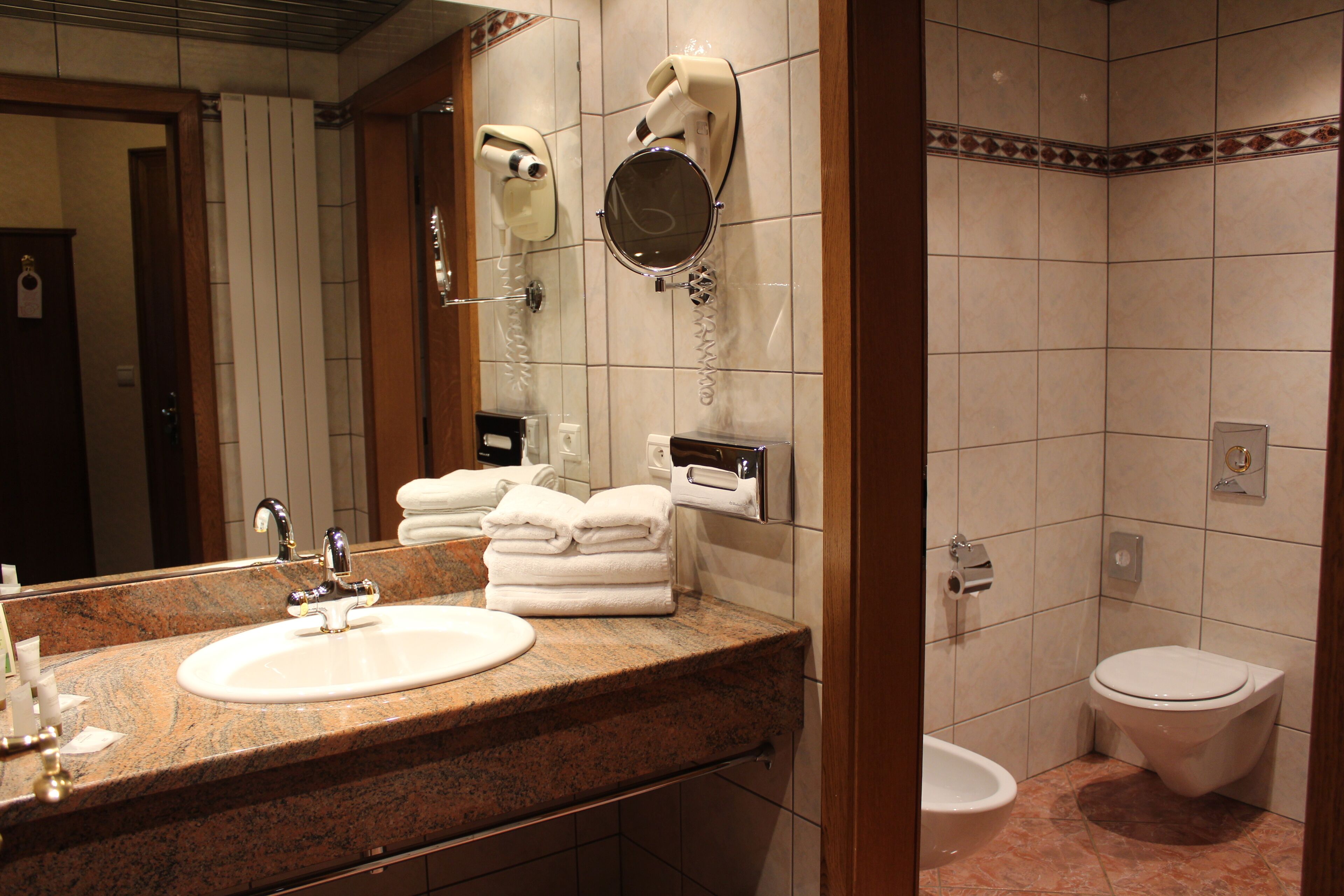 combined shower/bathtub, free toiletries, hair dryer, towels