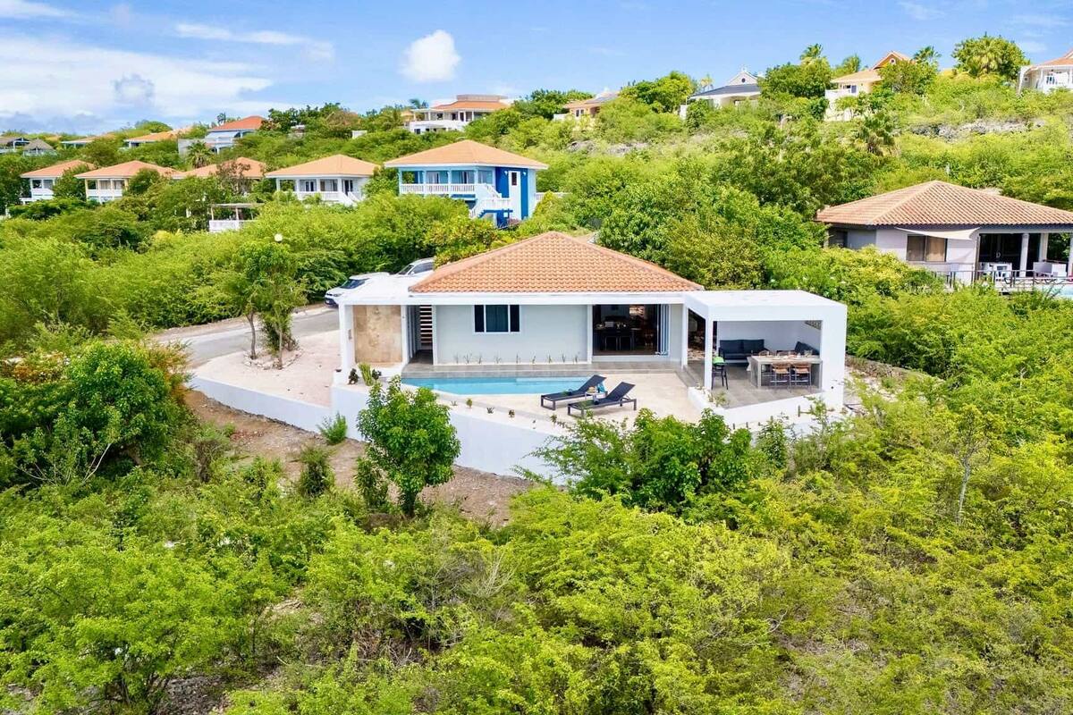 Ein modernes Haus mit Pool, umgeben von üppiger Vegetation und Häusern im Hintergrund.