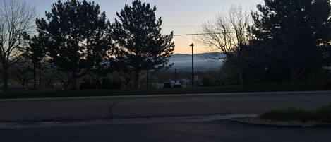 A parking lot with trees and a clear sky.