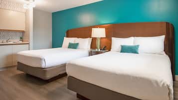 2 Queen Room with a Kitchenette | Premium bedding, desk, laptop workspace, iron/ironing board
