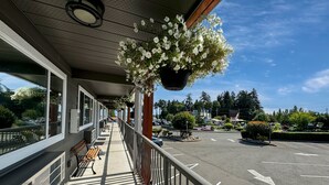 Un espacio al aire libre techado con un banco, cestas de flores colgantes y vistas a un estacionamiento y edificios al fondo.
