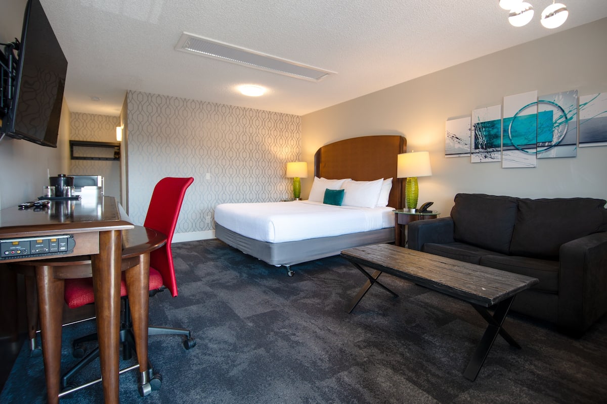A hotel room with a bed, a desk, a red chair, a sofa, and a coffee table.