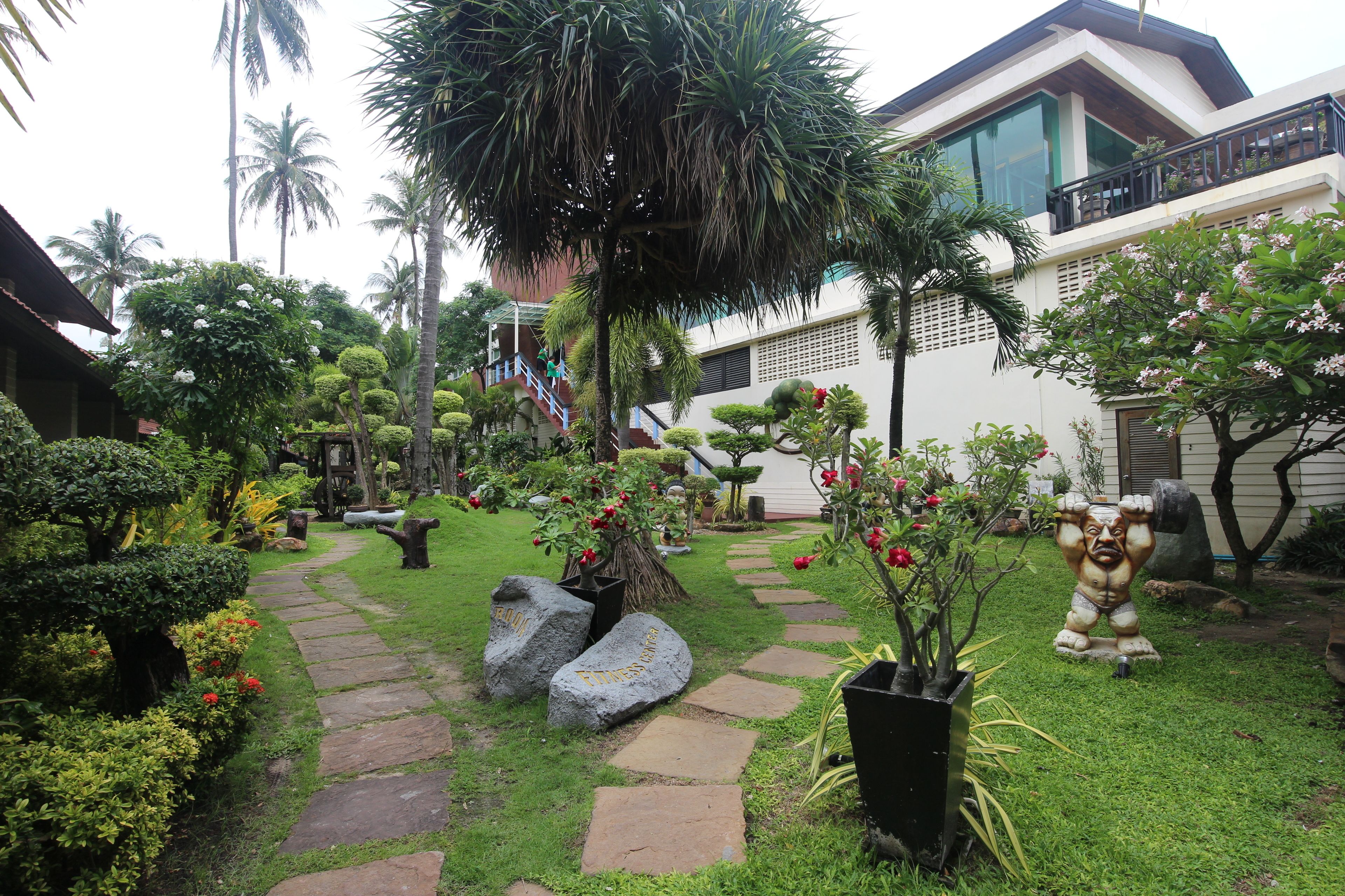 A garden with a stone pathway, palm trees, and a statue.