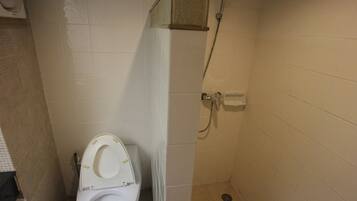 A bathroom with a toilet, a shower, and a tiled wall.