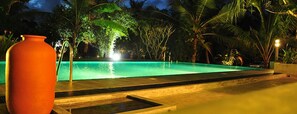 A nighttime pool area with a large vase, surrounded by palm trees and illuminated by ambient lighting. - Villa Acres Green (Baddegama)
