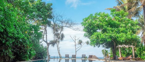 Vista clara de una piscina con sillas de descanso y vegetación tropical.
