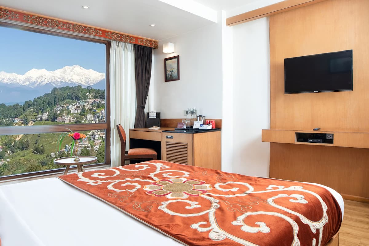 A hotel room with a bed, a desk, a chair, a TV, and a window with a mountain view.