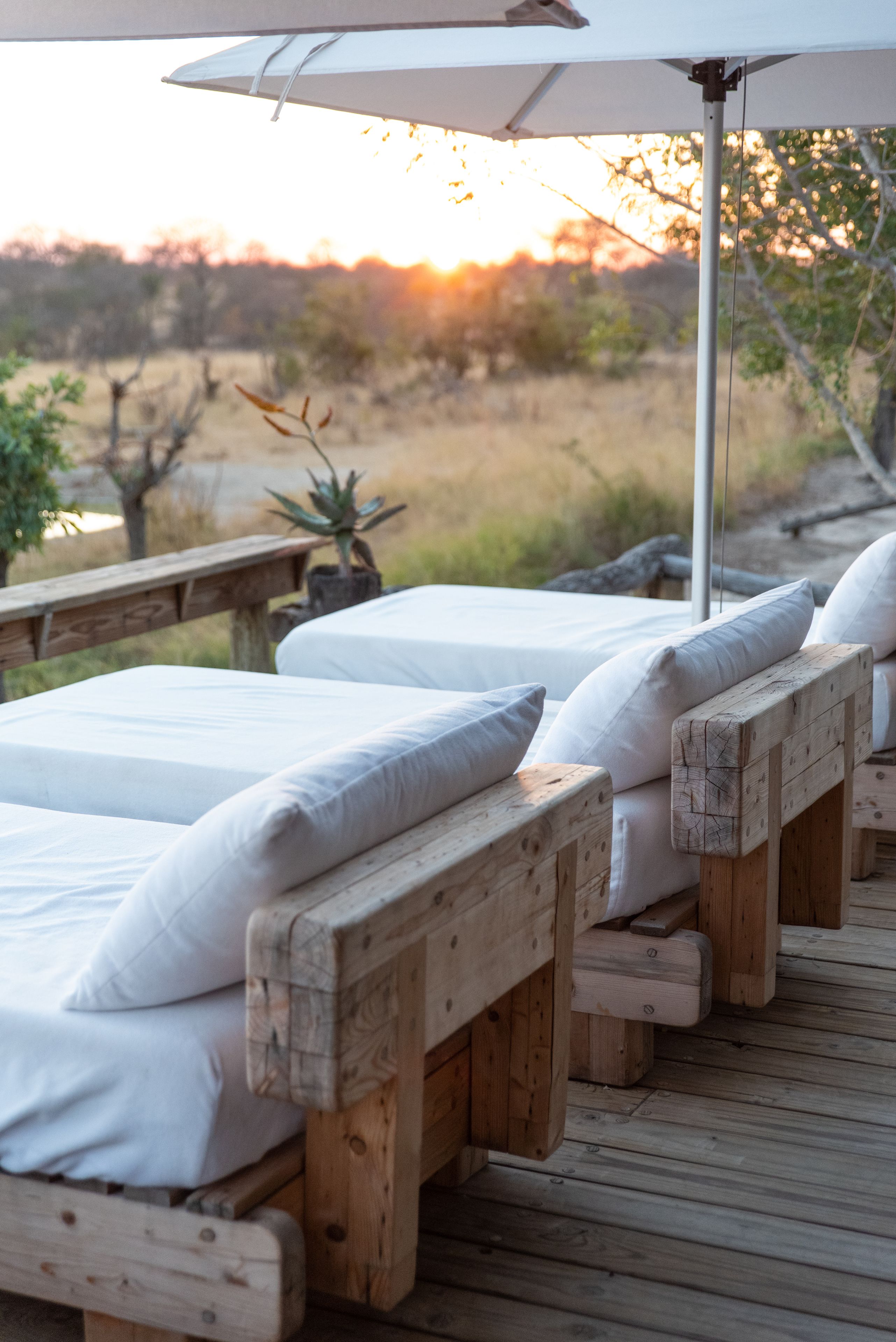 A wooden deck with two white beds, each with a pillow, under a white umbrella.