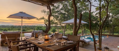 Outdoor pool, pool umbrellas, pool loungers