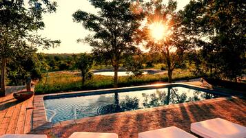 Outdoor pool, pool umbrellas, sun loungers
