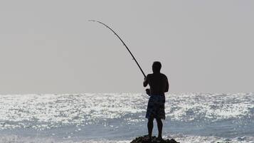 Una persona pescando junto al mar.