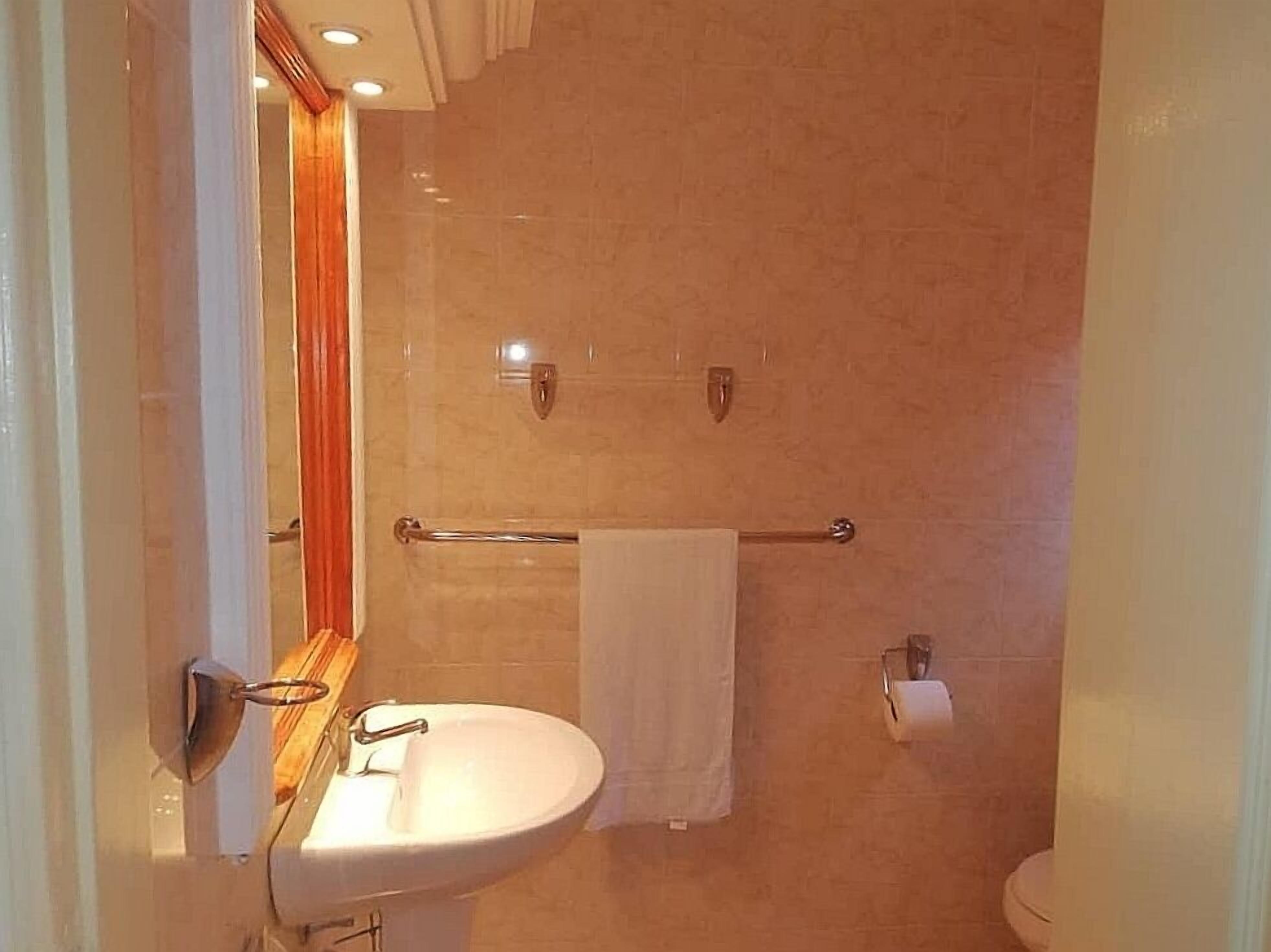 A bathroom with a sink, mirror, towel rack, and toilet.