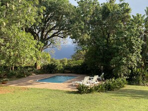 A pool area with a clear view of the ocean, surrounded by lush greenery and white lounge chairs. - El Roi Guest Lodge (Mbombela)