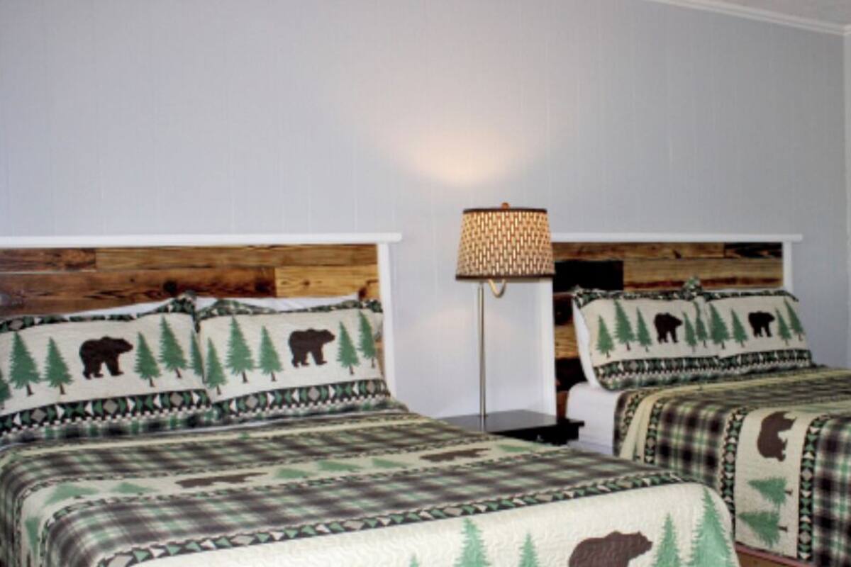 A room with two beds, each with a forest-themed bedspread. There is a lamp on a nightstand between the beds.