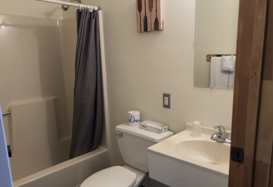 A bathroom with a shower, toilet, sink, and a towel rack.