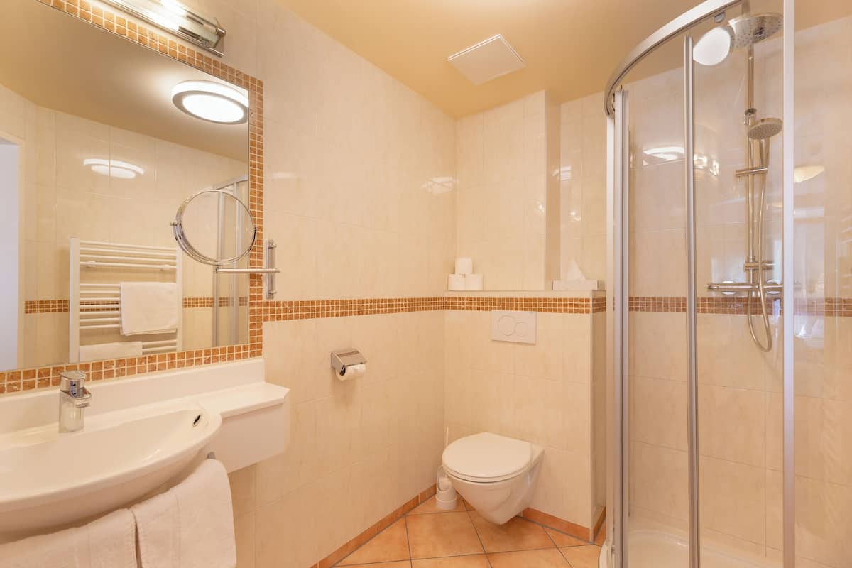 standard double room, balcony, mountain view | bathroom | shower, eco-friendly toiletries, hair dryer, bathrobes