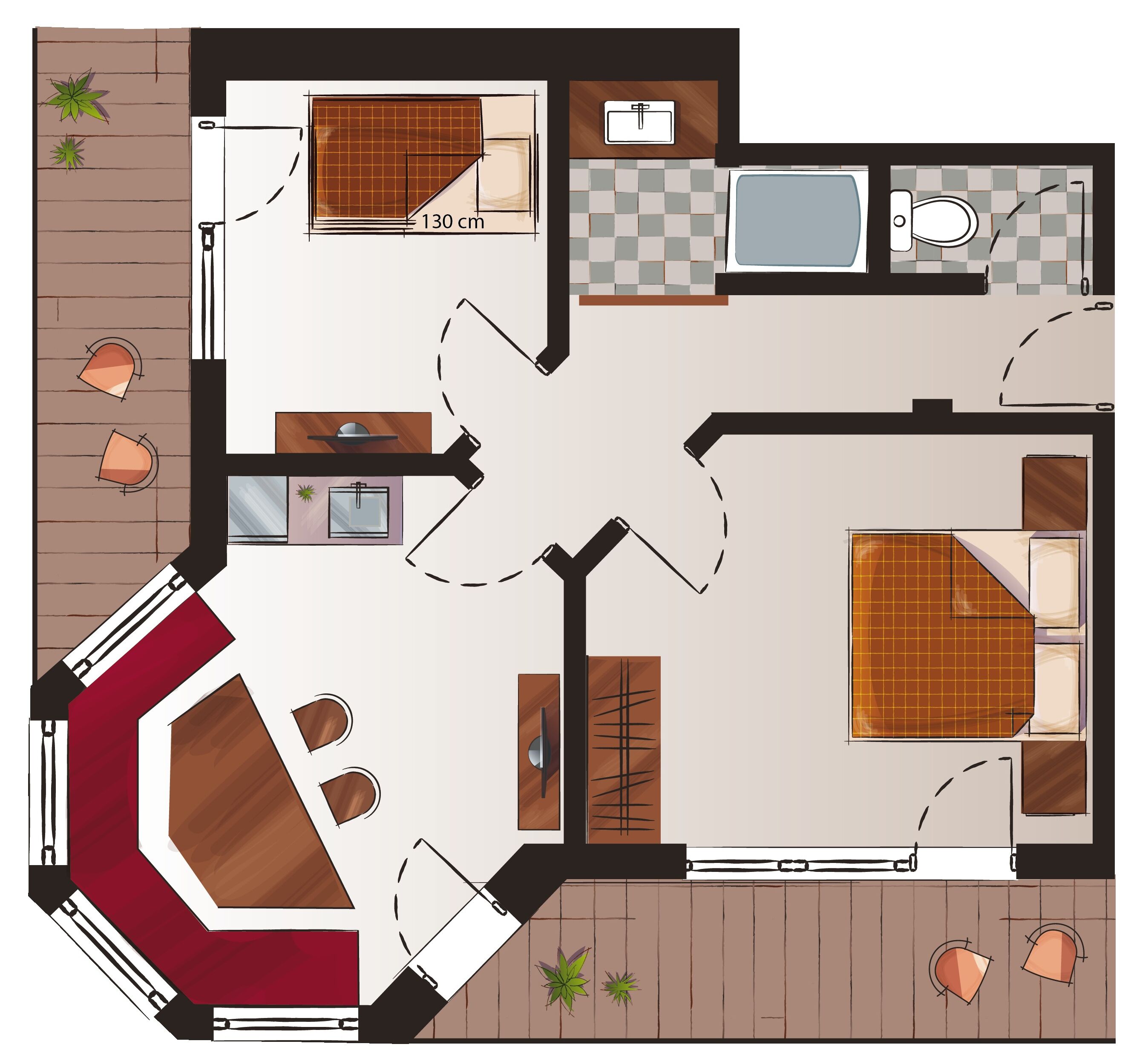 A floor plan of a hotel room with a large bed, a desk, a chair, a small bathroom, and a balcony.