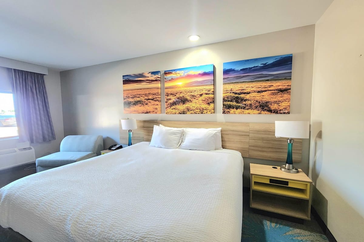 Habitación de hotel con una cama grande, dos mesitas de noche, una silla y un cuadro colgado en la pared.